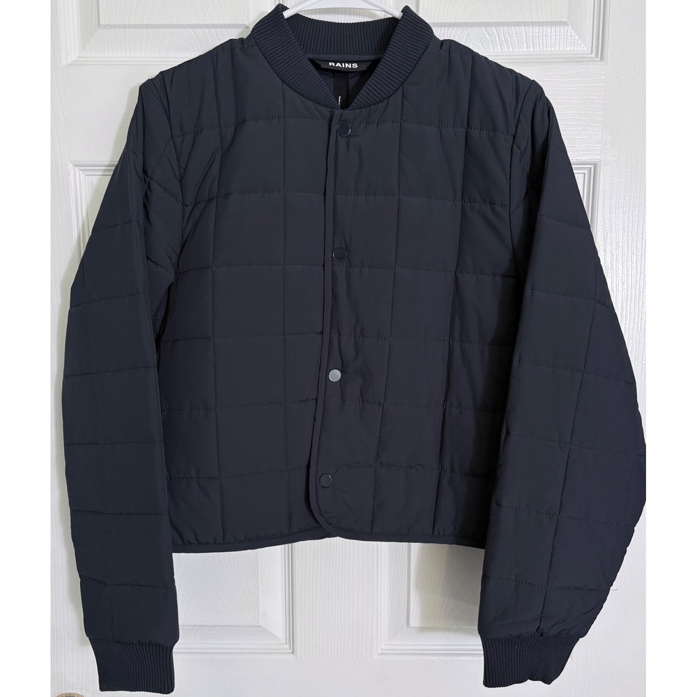 Rains Liner W Bomber Jacket Size M Navy Blue Quilted Ripstop Insulated